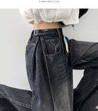Washing Banding Heated Fabric Brushed Hem Snap Wide Fit Denim Pants XL~