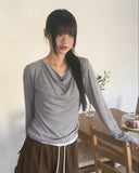 Hitol Lace Fake Layered Shirring Drape T-shirt