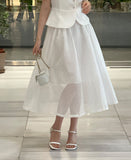 French Check See-Through Banding Flare Long Skirt