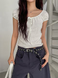 Dot Ribbon Shirring Puff Off-Shoulder Short Sleeve