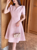 Rosea Heart Neck Puff Tweed Flare One Piece