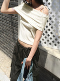 sirom ribbon strap ribbed off-shoulder short-sleeved T-shirt