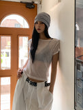Sheer see-through boat neck cropped short sleeve