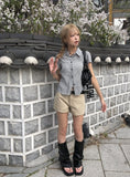 Chori Small Check Shirring Pintuck Puff Short Sleeve Shirt