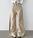 2way Cotton Snap Button Folding Waist Adjustment Mega Wide Fit Cotton Pants