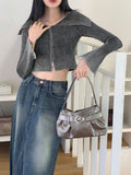 Elfu Gradient Two-Tone Off-Shoulder Ribbed Two-Way Long Sleeve Knitwear Zip-Up