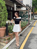 [Strap set] Mille Shirt Layered Off-Shoulder Shirring Knit
