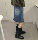 Trend Denim Midi Slit A-Line Skirt