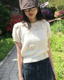Beuwal Flower Corsage Round Crop Short Sleeve Knit