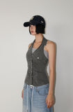 STRIPE SHIRRING HALTER TOP