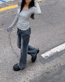 Linu Rib V-neck See-through Long Sleeve T-Shirt