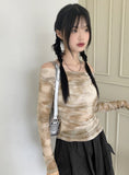 Lutz See-Through Tie-Dye Printing Shirring Mesh Long Sleeve Off-Shoulder T-Shirt