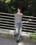 Vision Belt Buckle Shirring Ribbed Off-Shoulder T-Shirt