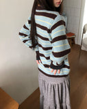 Woolen Stripe Round Knit Cardigan