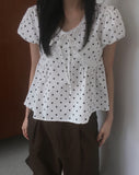 Newon Dot Lace Ribbon Short Sleeve Blouse