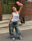 Lot Button Washed Wide Denim Pants