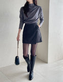 Dielb Half Neck Unbalanced Drape T-Blouse