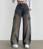 Cargo Pocket Washing Cut Line Wide Fit Denim Pants