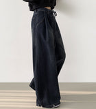 Big Two Pin Tuck Waist Adjustment Washing Maxi Wide Fit Hem Snap Denim Pants