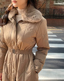 Vero Rabbit Fur Collar Long Padding Coat (Belt Set)