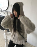 Soco Knitwear Color Matching Angora Fur Button Hood Cardigan