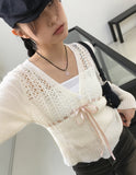 Sime Balletcore Ribbon String Punching Knit Cardigan