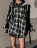 (UNISEX) Kitchie Hood Balloon Checkered Shirt