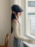 [Scarf set]  Kenin Shirring Pleated Off-Shoulder Crop Long Sleeve T-shirt