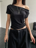 Drape Shirring Unbalance Off-Shoulder T-Shirt