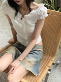Roba Embossed Pearl Button Short Sleeve Blouse