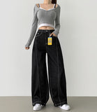 Raw Trendy Front Diagonal Cut Wide Fit Denim Pants