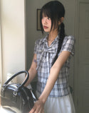 [MADE/TieSET] Canding Check Tie Collar Puff Short Sleeve Shirt Blouse