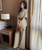 Washia Linen Short Sleeve T Blouse Wide Slacks Set