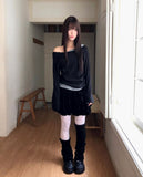 Royu Unbalanced Color Matching Shirring One-Off Shoulder Long Sleeve T-Shirt