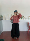 Hindel Check Shirring Cropped Long Sleeve Blouse