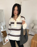 Cuff Stripe Color Matching Collar Loose Fit Long Sleeve Knit