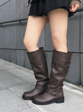 Obik Shirring Biker Buckle Long Boots
