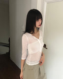 Chugi Button See-through Three Quarter Sleeve T-Shirt