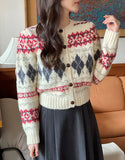 Cren Argyle Puff Knit Cardigan