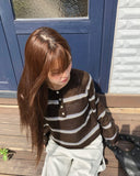 Tsen Stripe Button Henley Neck Long Sleeve Knit