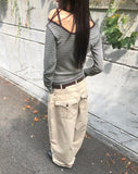 Two-fit Stripe Unbalanced Strap Long Sleeve T-Shirt