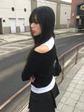 Eld Collar Layered Off-Shoulder T-Shirt Sleeveless Set