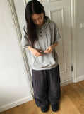 Hakanji Check Color Matching Button Hood Short Sleeve Tee