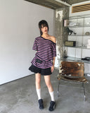 Mats Stripe One Off Shoulder Overfit Short Sleeve T-Shirt