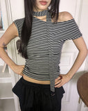 [Strap SET] Kinble Slim Fit Striped Cap Sleeve Off-Shoulder T-Shirt