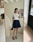 Delun Color Matching Collar Pleated Banding One Piece