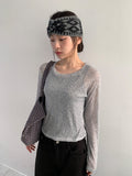 Jekin See-Through Flower Printing Long Sleeve Tee