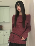 Smin wool mohair fold off-shoulder knit