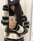 Nobin Stripe Color Matching Collar Long Sleeve Knit