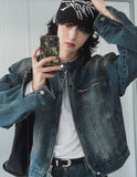 Ocean Washed Stitch Biker Denim Jacket